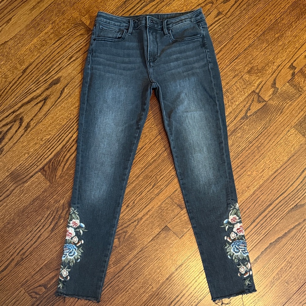 DRIFTWOOD Distressed Black Jeans with Floral Embroidery